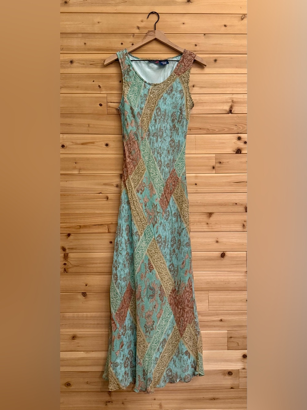 Y2K Vintage Large Rayon Bohemian Patchwork Scoopneck Dress Paisley Floral
